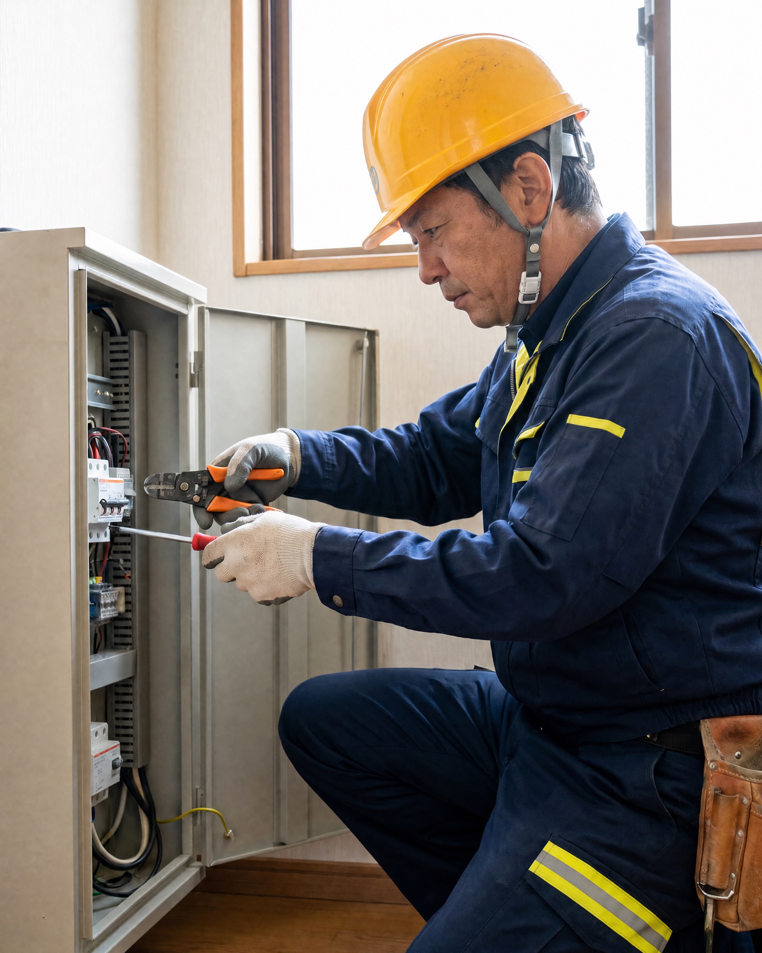 分電盤を点検する柴電気工事の電気工事士